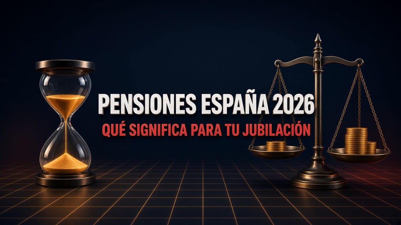 Pensiones España 2026: reloj de arena con arena dorada y balanza inclinada con más monedas en un plato, en referencia a la jubilación y al sistema de pensiones.