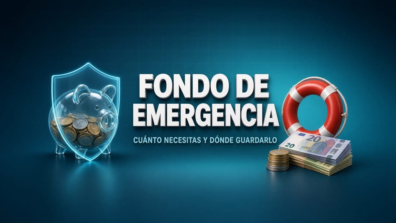 Fondo de emergencia: hucha de cristal con euros protegida por un escudo y un salvavidas sobre fondo cian