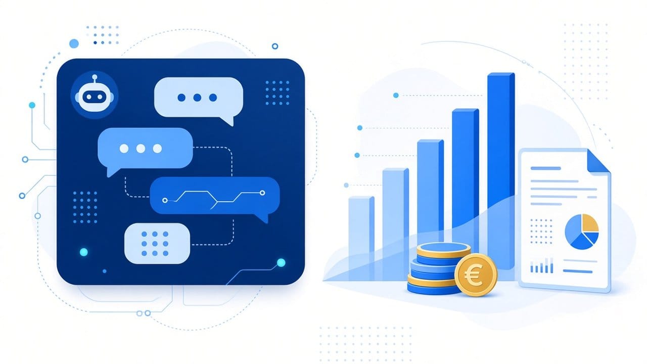Ilustración de prompts de IA para finanzas personales: un chat de inteligencia artificial junto a un gráfico de barras ascendente y monedas de euro