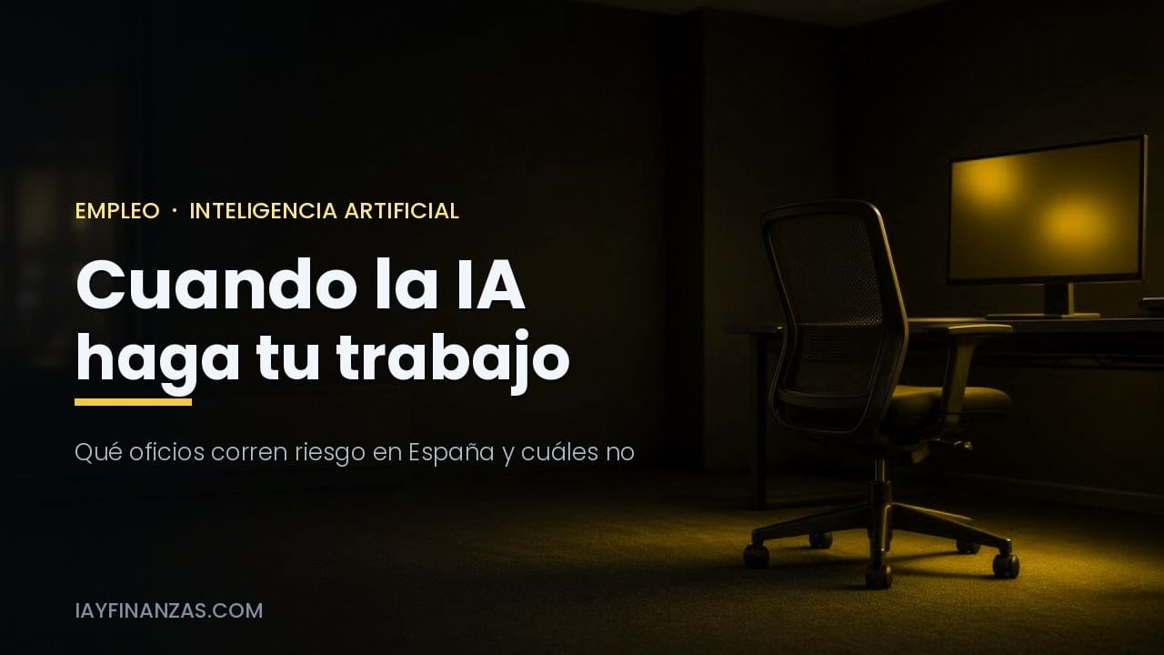 Silla de oficina vacía frente a un monitor encendido en una sala a oscuras, sobre el empleo y la inteligencia artificial en España