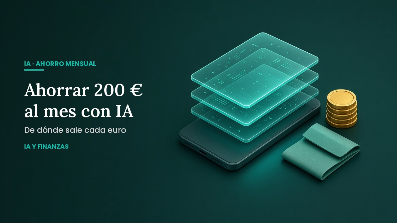 Móvil isométrico con capas de datos flotando, una cartera y monedas: ahorrar 200 euros al mes con inteligencia artificial.