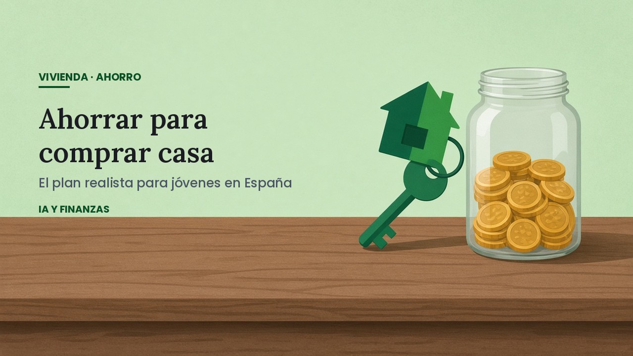 Llave con llavero en forma de casa junto a un tarro de cristal lleno de monedas: ahorrar para comprar vivienda en España.