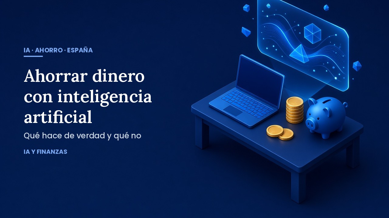 Escritorio isométrico con portátil, monedas y hucha: ahorrar dinero con inteligencia artificial en España.