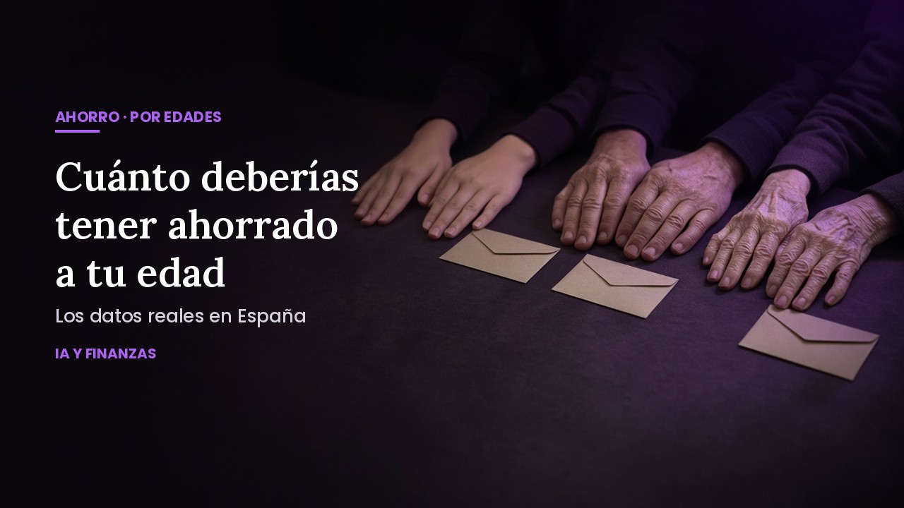 Manos de tres generaciones sobre una mesa, cada una junto a un sobre de ahorro: cuánto deberías tener ahorrado según tu edad en España.