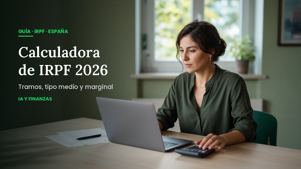 Calculadora de IRPF 2026 y tramos: una mujer calcula su IRPF con un portátil y una calculadora