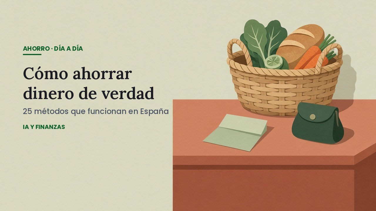 Cesta de la compra con verduras y pan junto a un monedero y una lista sobre una encimera: cómo ahorrar dinero en el día a día en España.