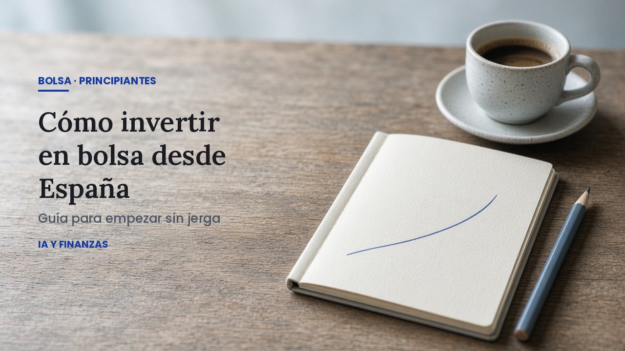 Cuaderno abierto con una línea ascendente dibujada a mano, un lápiz y una taza de café sobre una mesa de madera: guía para invertir en bolsa desde España.
