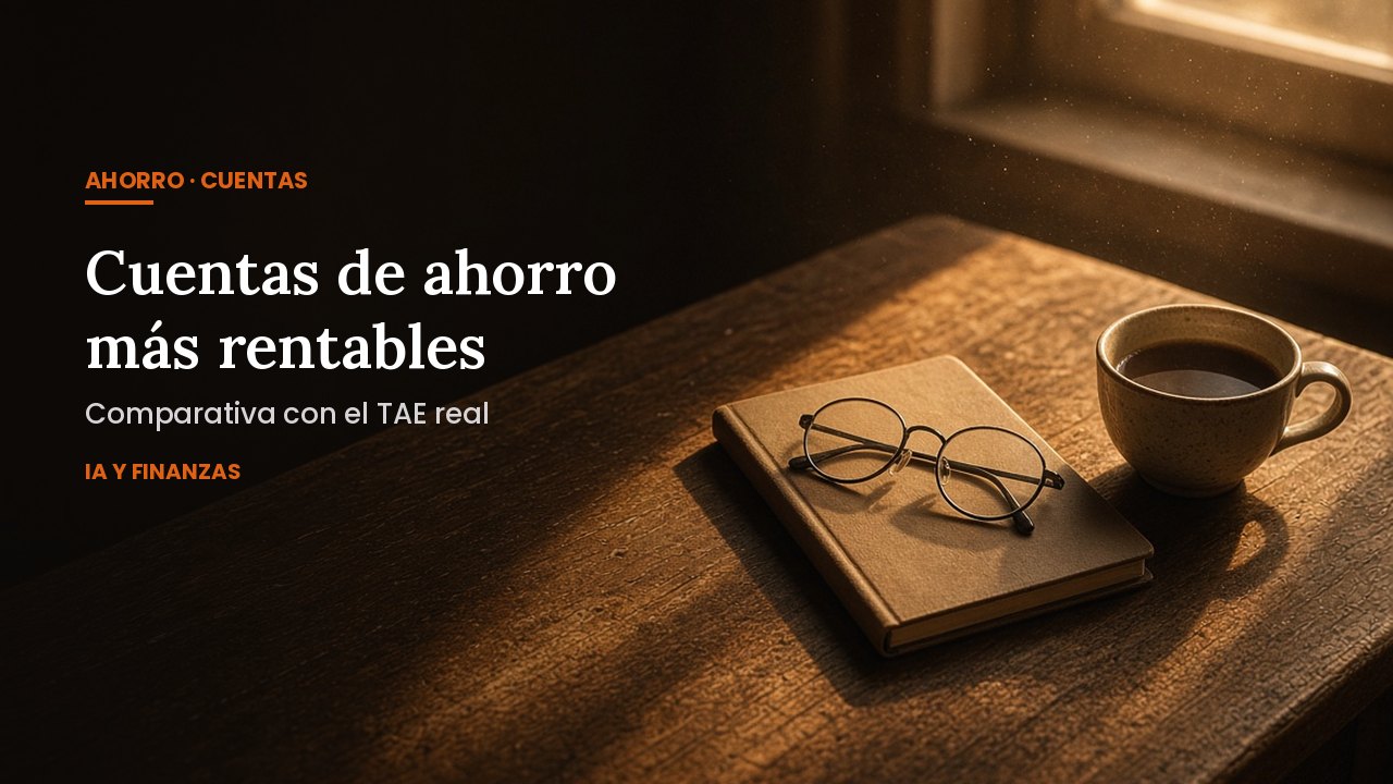 Libreta cerrada con unas gafas encima y una taza de café sobre una mesa de madera con luz de tarde: comparativa de cuentas de ahorro en España.