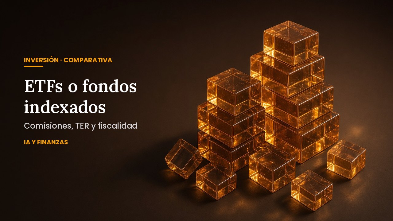 Dos pilas de bloques ámbar translúcidos de distinta altura sobre fondo oscuro: comparativa entre ETFs y fondos indexados en España.