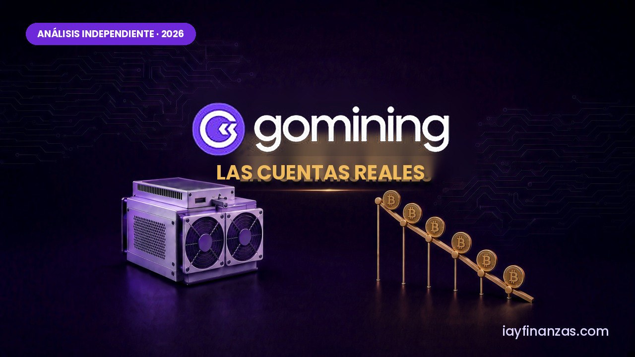 Equipo de minería de bitcoin junto al logotipo de GoMining: análisis y cuentas reales de la plataforma.
