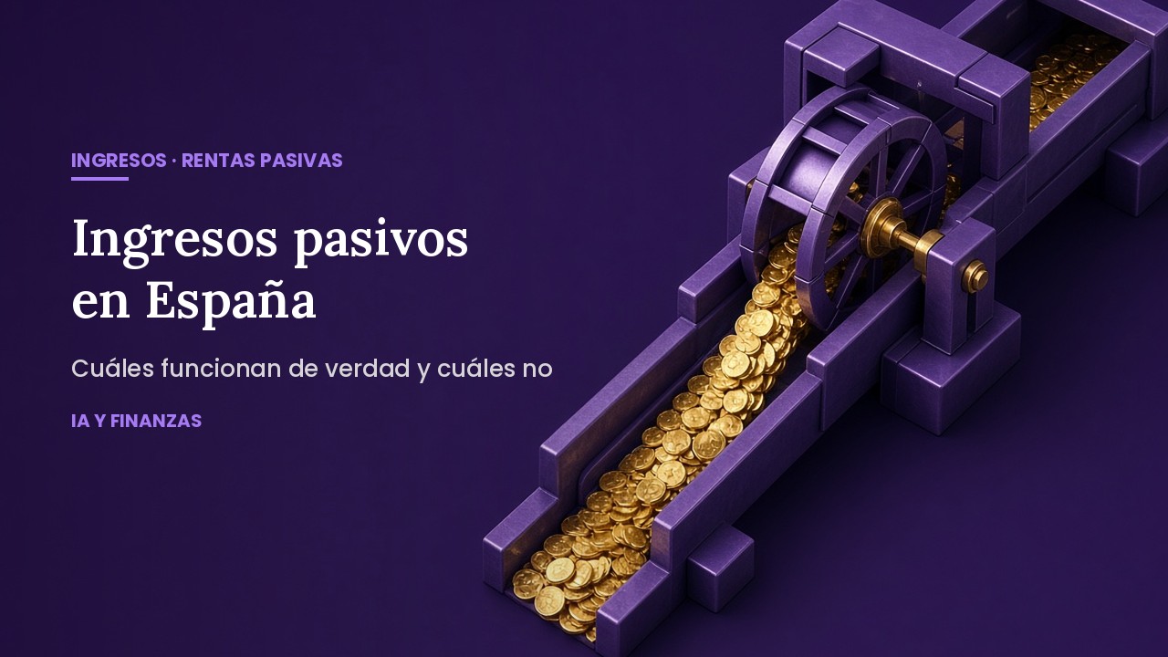 Noria morada moviendo un río de monedas de oro, ingresos pasivos en España