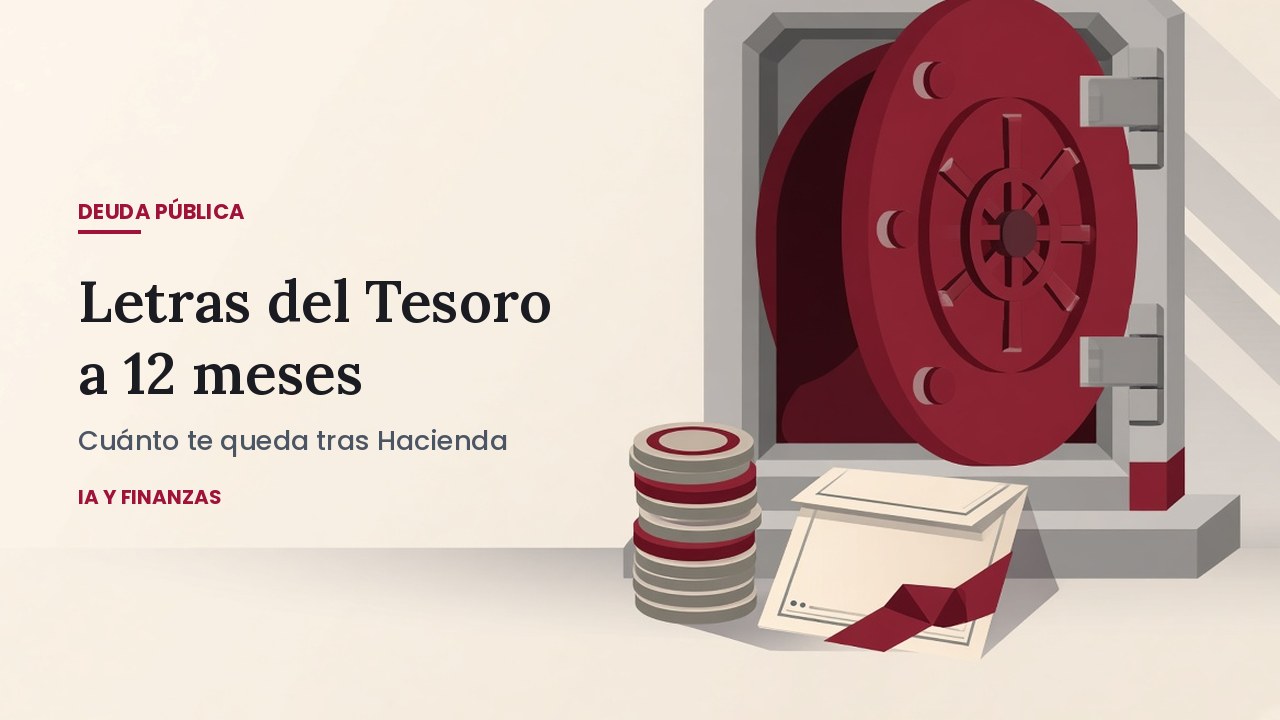 Letras del Tesoro a 12 meses: ilustración de una caja fuerte burdeos entreabierta junto a una pila de monedas y un certificado de deuda pública