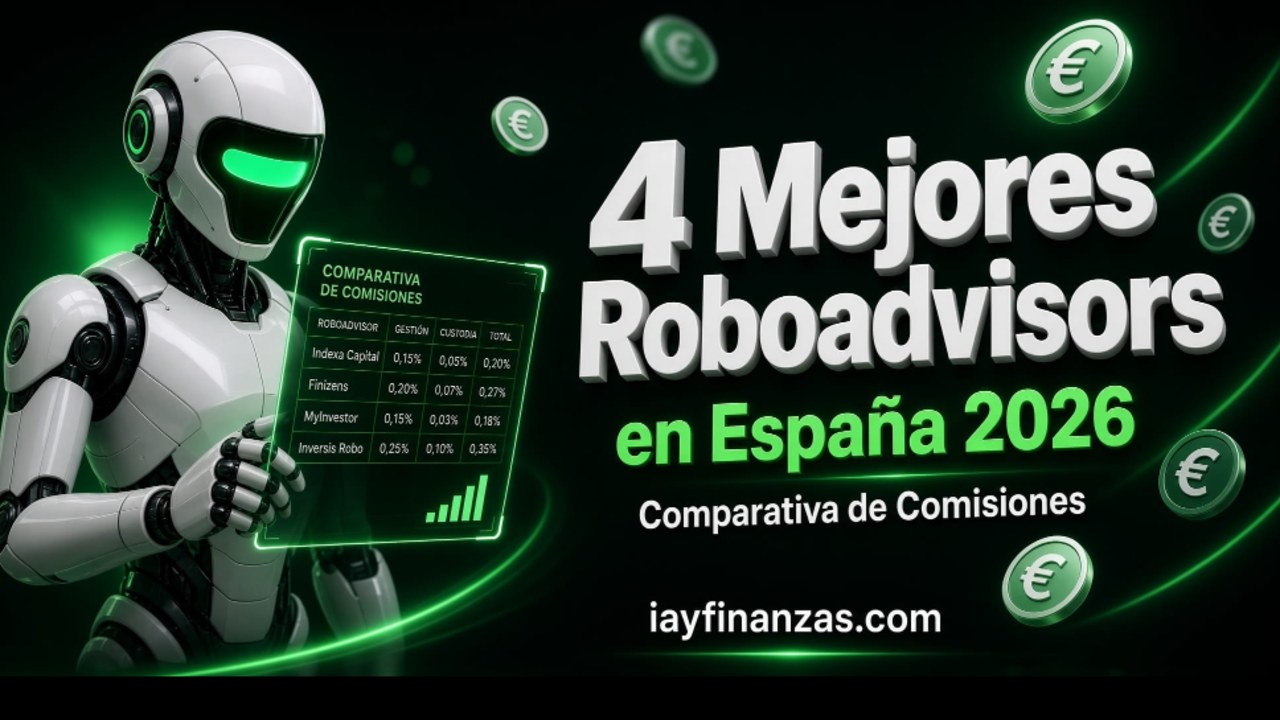 Robot junto a una tabla comparativa de comisiones de roboadvisors: los mejores roboadvisors para invertir en España.