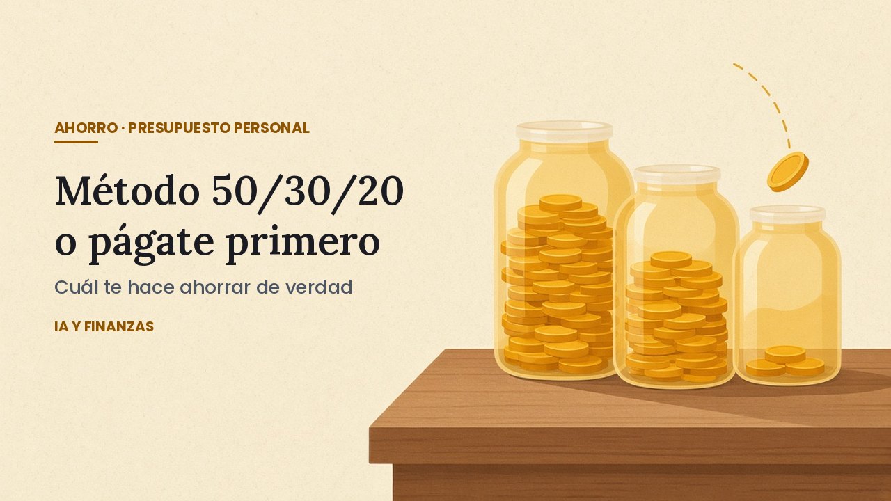 Tres tarros de cristal con monedas a distinto nivel: el reparto 50/30/20 frente a págate a ti mismo primero.