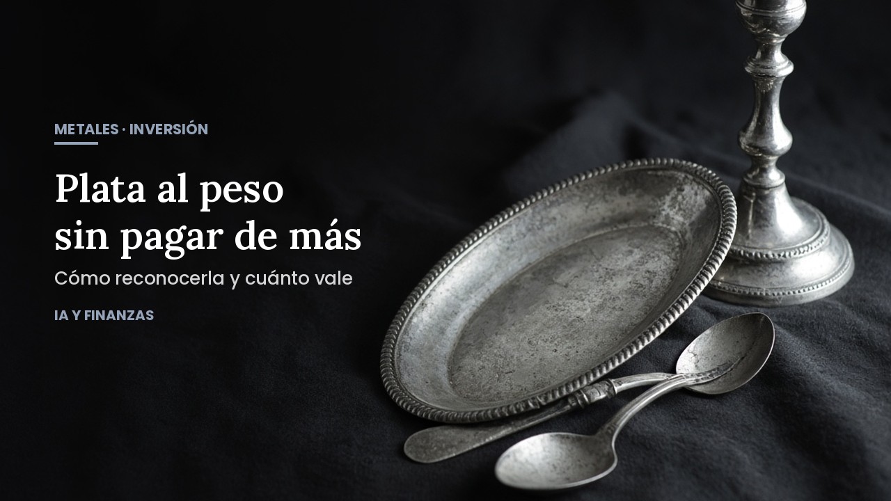 Bandeja, cubiertos y candelabro de plata vieja sobre tela oscura: cómo comprar plata al peso en España sin pagar de más.