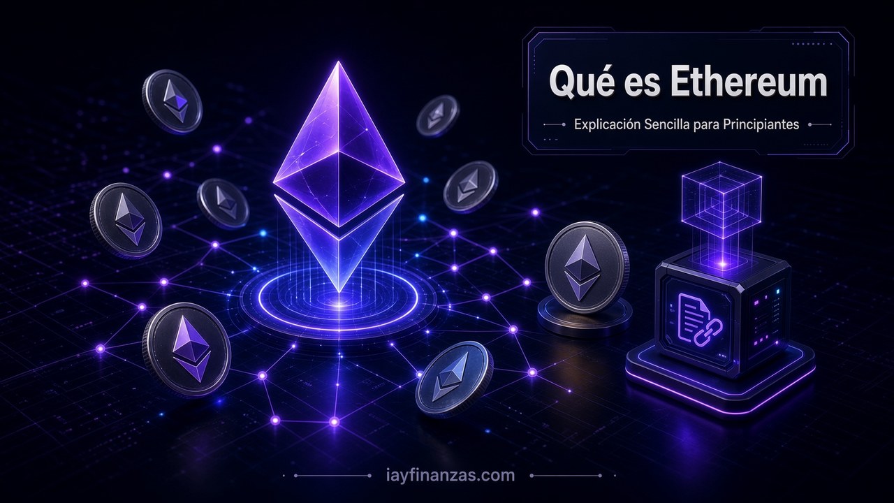Símbolo de Ethereum iluminado sobre una red de nodos: qué es Ethereum explicado para principiantes.