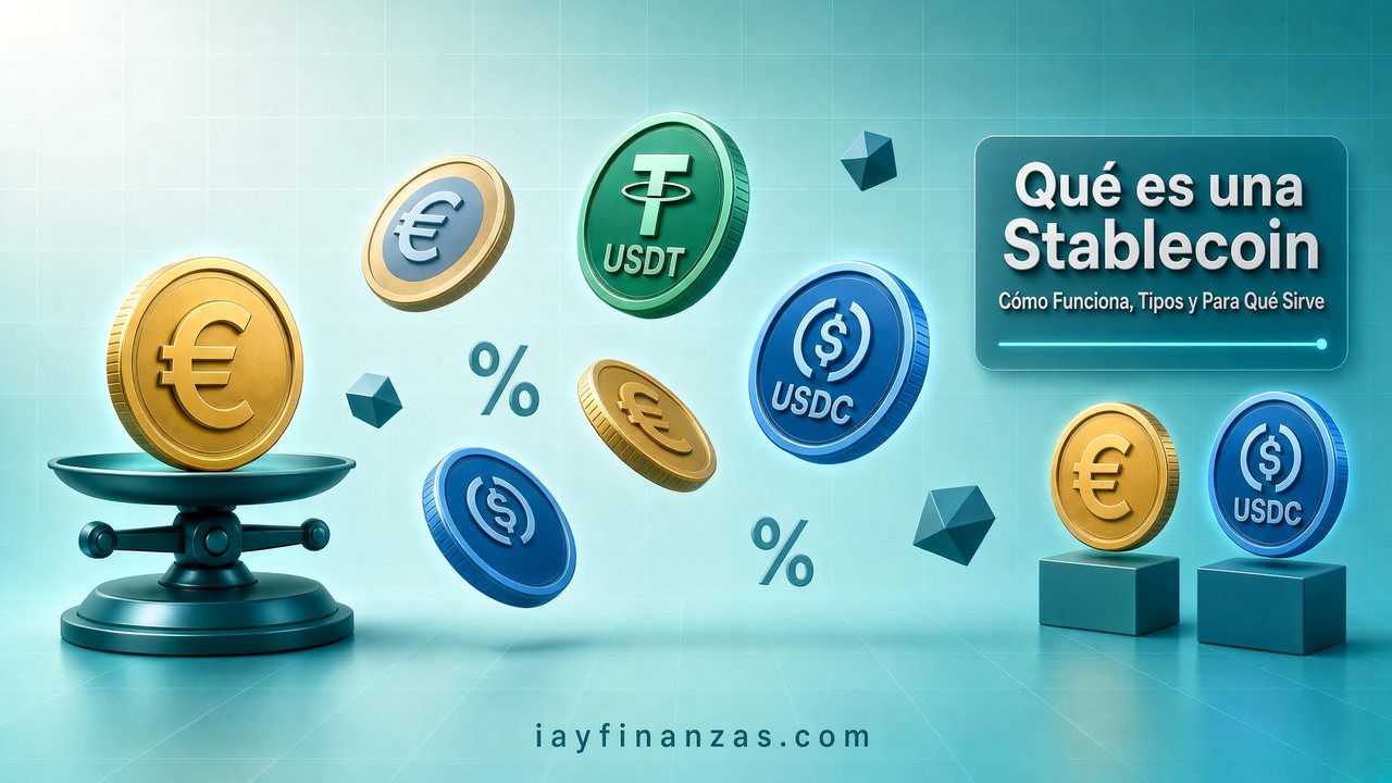Balanza con monedas de euro y stablecoins equilibradas: qué es una stablecoin y cómo funciona.