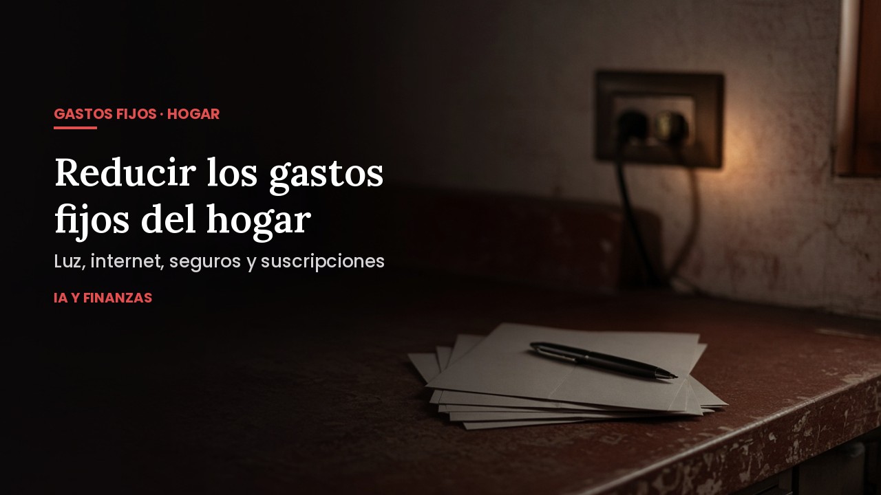 Facturas apiladas con un bolígrafo encima junto a un enchufe en penumbra: cómo reducir los gastos fijos del hogar en España.