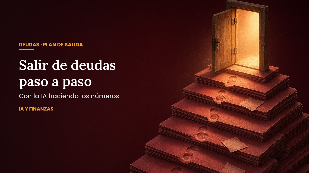 Escalera hecha de documentos apilados que sube hacia una puerta iluminada: plan paso a paso para salir de deudas con inteligencia artificial.