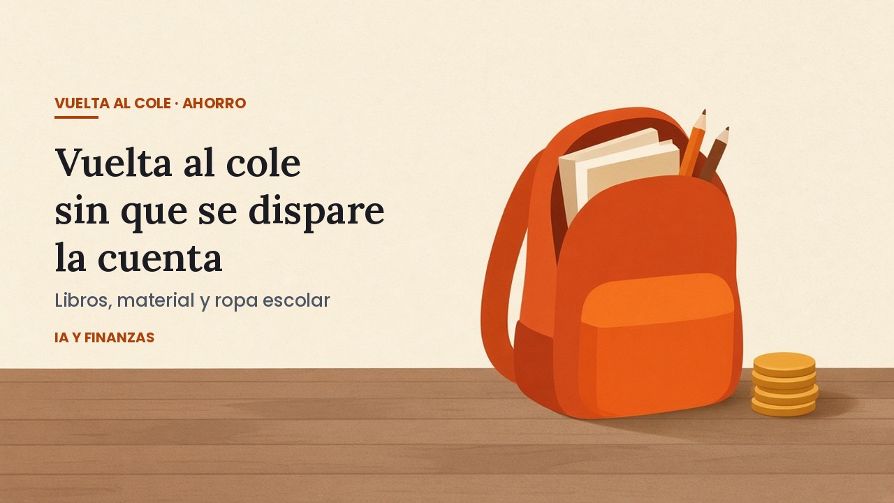 Mochila escolar naranja con libros y lápices junto a unas monedas: cómo ahorrar en la vuelta al cole.